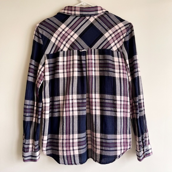 Zara Basic Botton Down Navy Pink White Plaid Flannel Shirt. Size: M - Picture 2 of 12